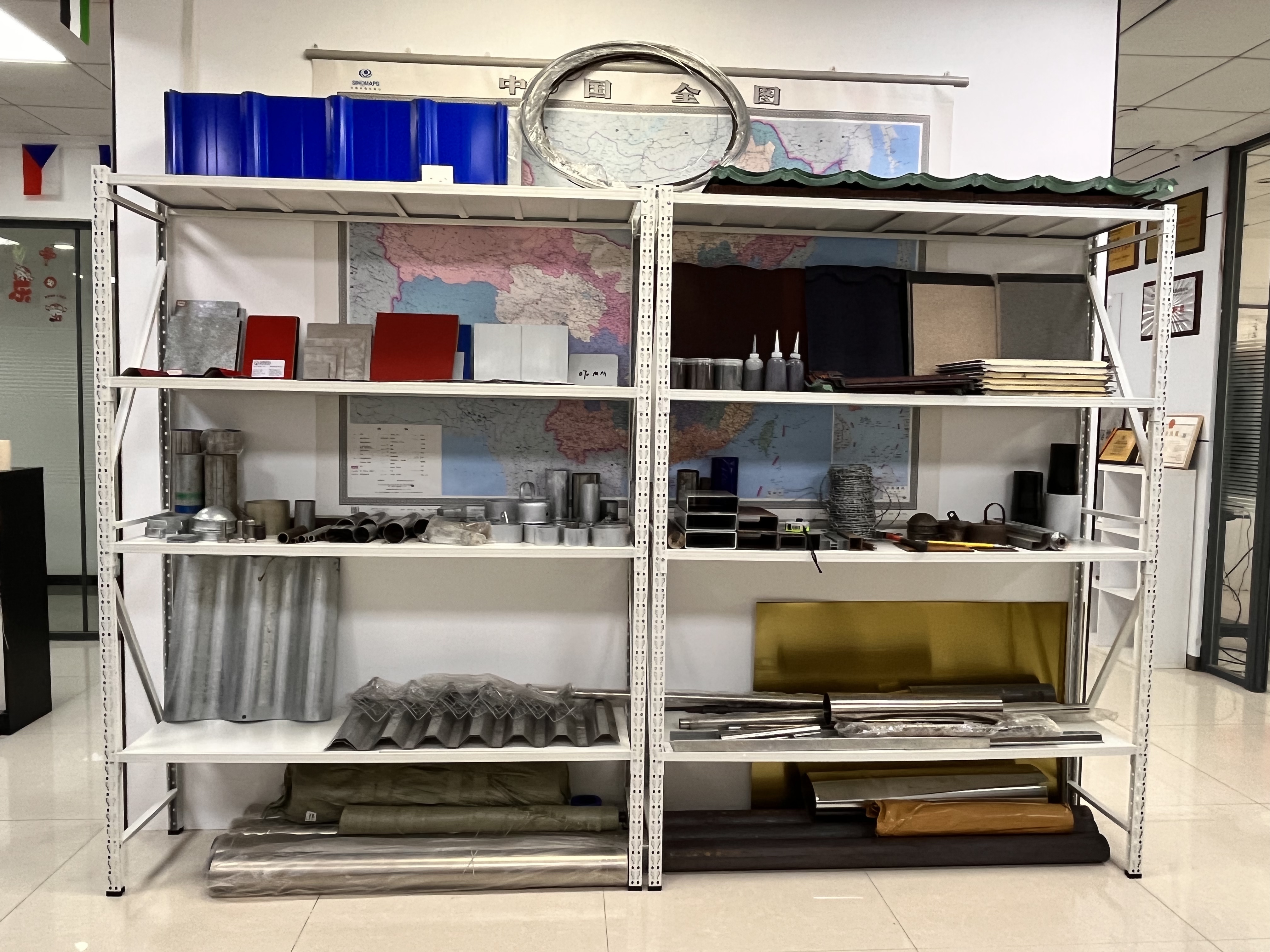 Photo of the company's sample display shelves.jpg